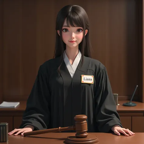 Reality Woman Judge standing behind the table, Japanese woman, with name tag "Liana", real woman and very realistic 