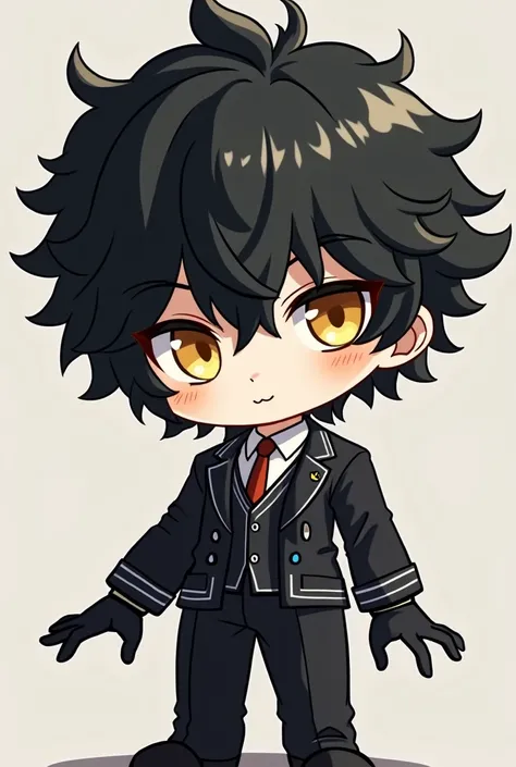  play a male transmorphic chibi character,  curly black hair with some white highlights,  with honey-colored eyes ,  a small scar on his surface ,  he wears a suit  (Like O from Bloodborne ), with beautiful black gloves on your hands