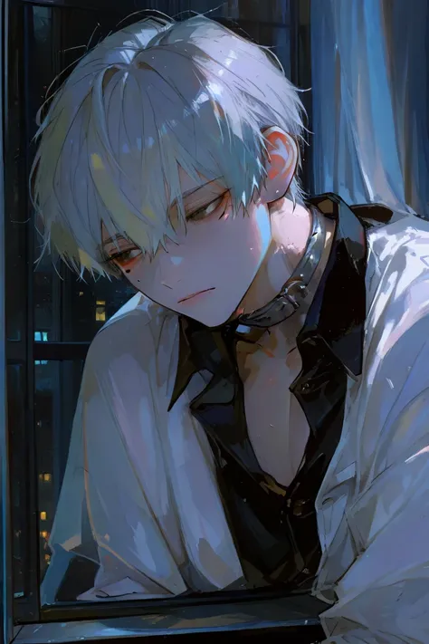 1male,adult,silver hair,mole under eye,sexx,gloomy mood,late night,black business shirt,Front-opening shirt,white jacket,stand at a window,handsome,viewing the night view,face close-up,open the collar,flirtatious glance