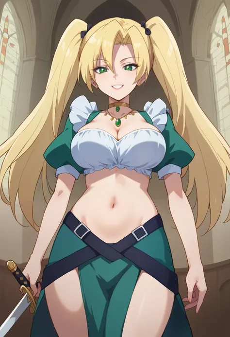 score_9,score_8_up,score_7_up,source_anime,(anime),,large breasts,,erika,green_skirt,,twintails,blonde_hair,green_eyes, , ear piercing, long hair, blush, lipstick,Hot girl, baddie,, sensual, attractive, castle,inside castle, masterpiece, best quality, high...