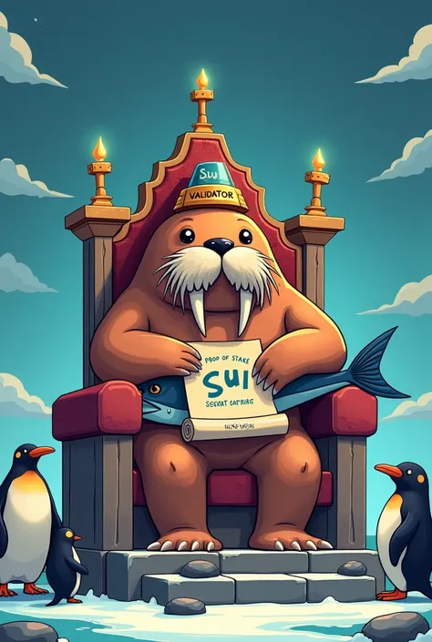 A walrus wearing a tiny 'Sui Validator' hat, sitting on a throne made of blockchain blocks, holding a giant fish labeled 'Proof of Stake' and a scroll labeled 'Move Smart Contract.' In the background, jealous penguins and seals are watching. Cartoon style,...