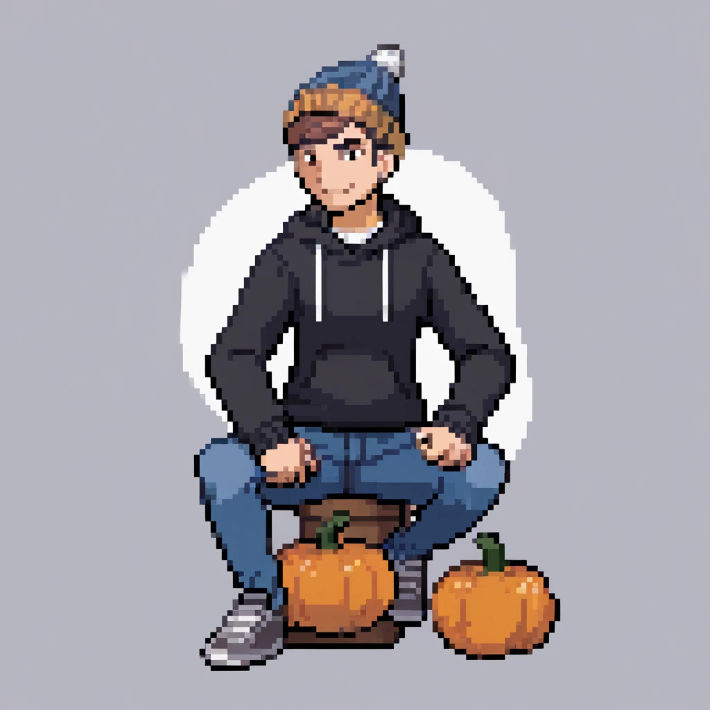 Male Male, 30 years old, sturdy body, pretty facial ,  very short hair, chestnut, With clothes for the cold,  with a cold hat the whole black outfit, on the sweater with a white pumpkin print, and blue jeans.