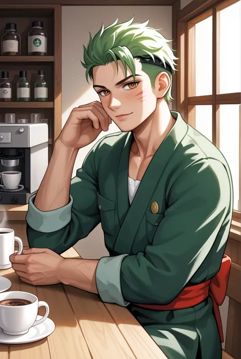 Roronoa Zoro, the legendary swordsman, sits at a rustic wooden table in a traditional yet cozy Japanese-style coffee shop. The warm glow of lanterns casts a soft light on his rugged features, highlighting the scar over his eye and his sharp, intense gaze. ...