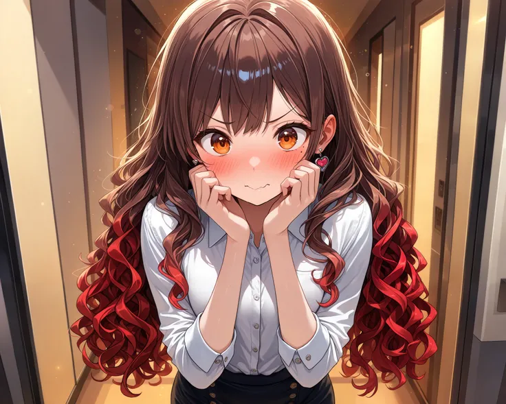 a surprised expression, embarrassed, hands on own face, wavy mouth, v_shaped eye brows, very cute face, cute girl, solo, long hair, wavy hair, ((brown hair with red ends)), Mole under the left eye, orange eyes, flat breasts, taut collared shirt, heart Pie...