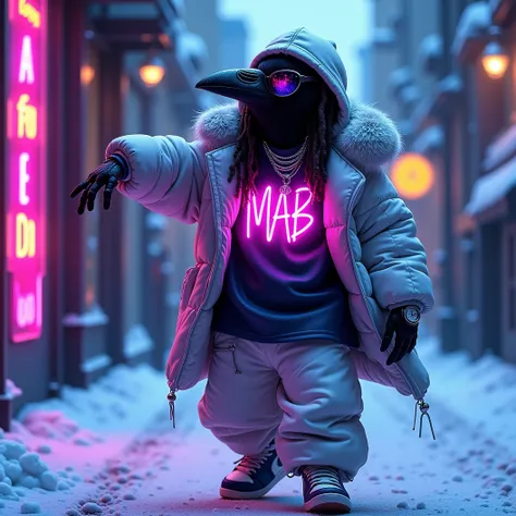 A cool wallpaper of a gangster anthropomorphic crow, donned in baggy winter street clothes. In a dynamic gangsta hip hop pose. The name "MAB" etched in neon letters on his shirt. Big mirrored sunglasses. Reminiscent of Biggie Smalls. A puffy white winter c...