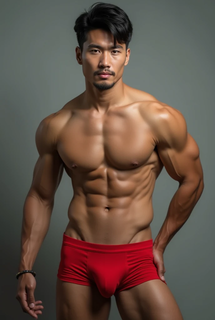 Realistic image of handsome Asian hunk in red jockstrap
