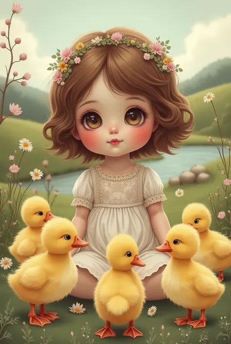 Little brunette doll with ducklings