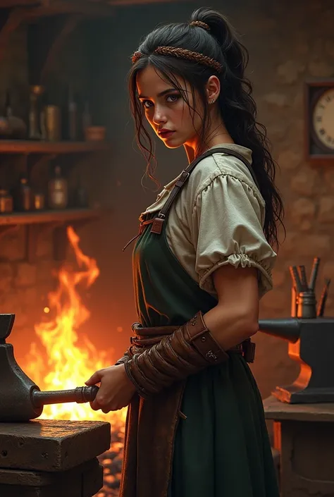 Drae a medieval girl that is a blacksmith for a cover of a book