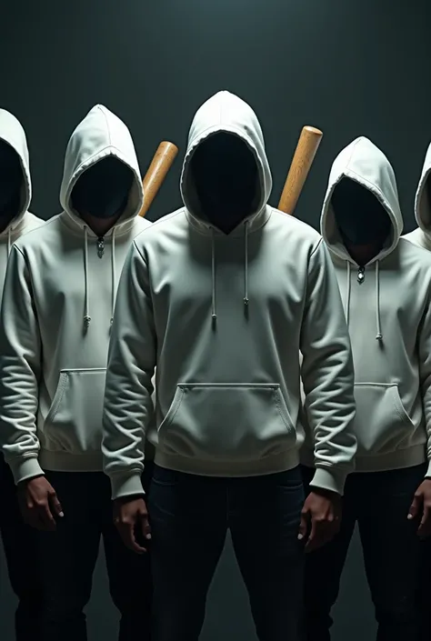 5 men wear white hoodie Storm Hood,  Holds a baseball bat in your hand 