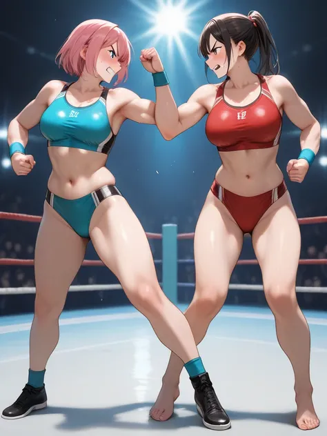 Two female wrestlers fighting, one heroine and one heel