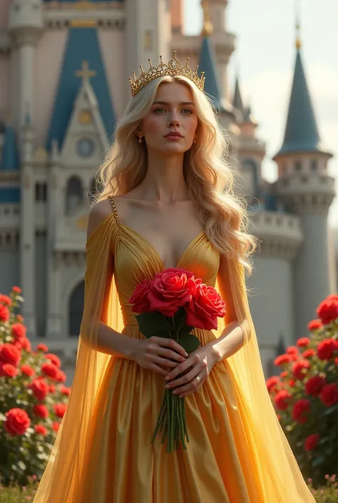  blonde with wavy hair and crown on her head and golden dress holding a bouquet of roses in front of a castle