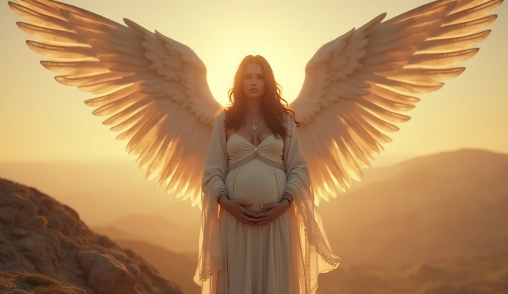 A wide-angle shot captures the full figure,  a male angel , With a pregnant .