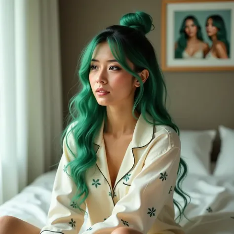 Generate a high-resolution, professional-quality image of a model with long green hair styled in a high bun and bangs. Her expression is serene and thoughtful. She is wearing a delicate cream pajama set with small green flowers. The fabric feels soft and c...