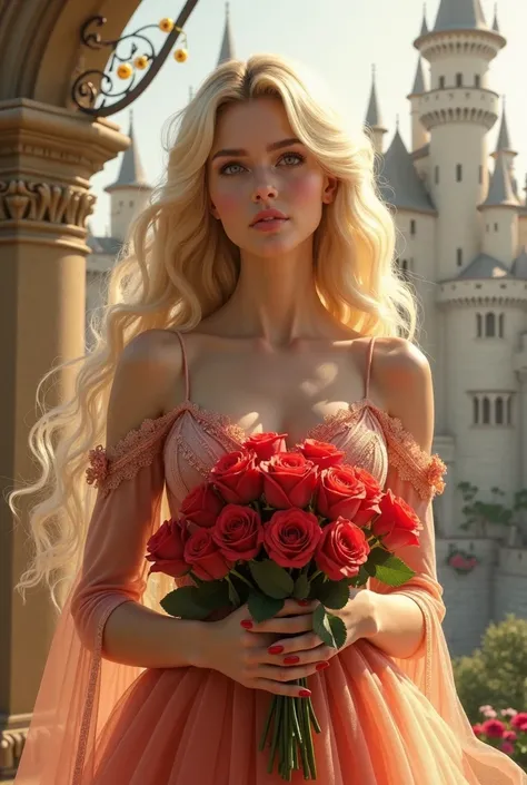 Blonde princess with wavy hair and yellow dress holding a bouquet of roses in front of a huge castle garden