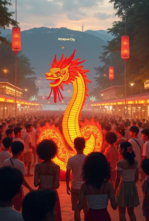 Some black curly people and chinese people gathered around celebrate chinese new year with the lamp shaped snake in downtown near beach, and there is sign Jayapura City on top of hills 