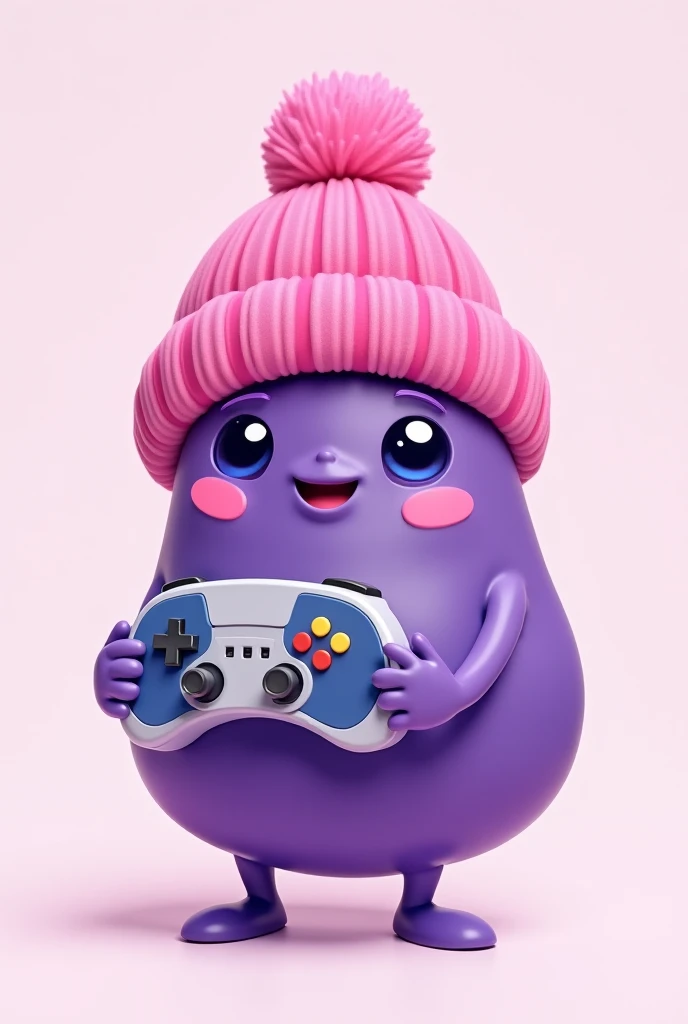 A purple jellybean with a pink beanie with a game controller 