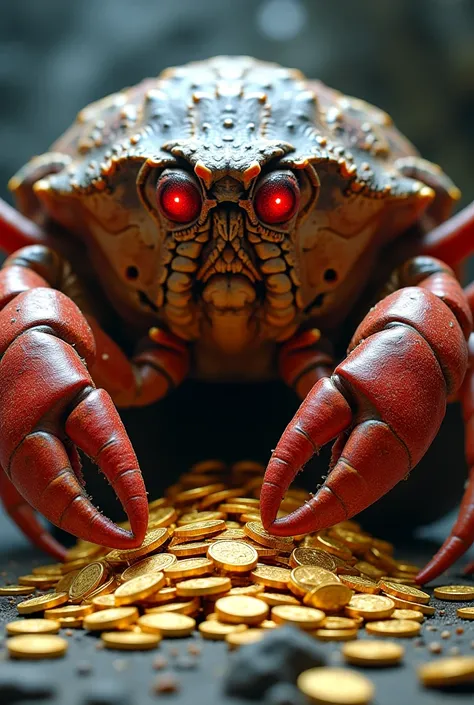 A thrilling and intense UHD image of a giant crab with glowing red eyes, massive claws, and an ancient shell covered in gold coins and treasure. It stands menacingly in front of the treasure, ready to defend it.