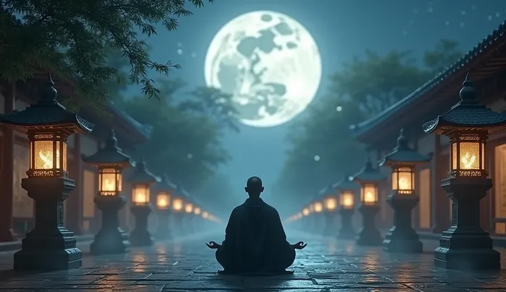 Under the soft glow of the moon, a lone monk meditates in the temple courtyard, surrounded by stone lanterns. The night is silent except for the occasional chirping of crickets and the distant rustling of leaves