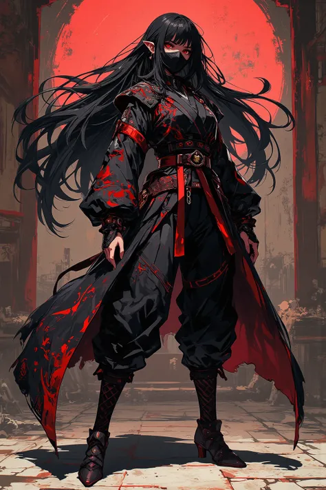 Cute white-skinned ninja girl,  long black hair with fringe , She wears a mask , dark clothes with red parts oriental style with tail cover, full body, chica alta, Oriental ninja assassin , bobbysocks, ninja dress (Shinobi costume )