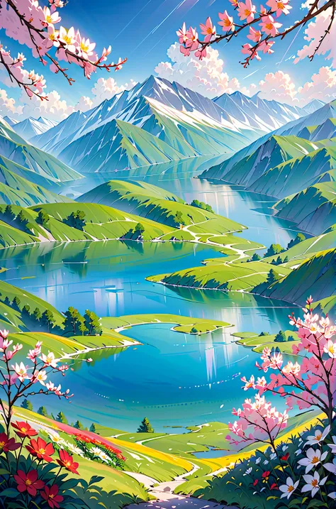 A spectacular, colorful natural scene: A lush lake at the center, serenely reflecting the surrounding nature. The lake is surrounded by lush green mountain peaks lightly covered in snow. A bright blue sky is dotted with white clouds in the background. Red,...