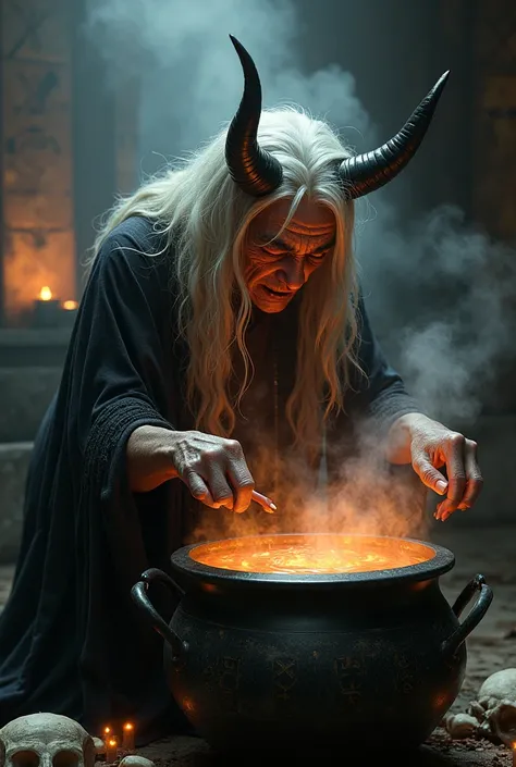 A witch in a cauldron tormented by the devil