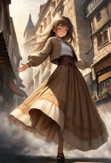 (masterpiece,best quality,ultra detailed,expressive eyes,perfect face,solo,:1.2),1 loli girl, 22 years old,close eyes,smile,flowing rotating long hair ,white shirt ,light brown crop jacket with cute long sleeve,(brown brocade pattern skirt, dark brown skir...