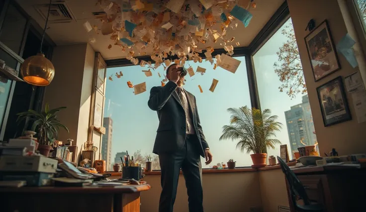 humorous photograph of an office scene where everything is inverted - a businessman in a suit trying to drink coffee while standing on the ceiling, papers floating upward, desk lamp pointing up, potted plant growing downward, warm indoor lighting creating ...