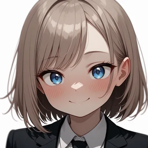 A smile with blushing cheeks, depict the entire upper body,comical expression, ultra detailed illustration in anime style, cute stylish clothing with bright colors, very vibrant blue eyes, long, straight light brown hair parted in the middle,side swept ban...