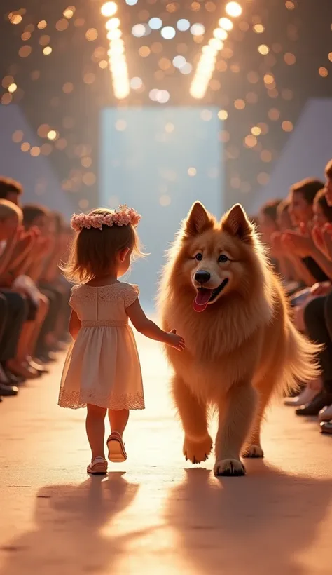 A baby girl in a flower crown and a luxurious-haired Pyrenean Shepherd walking side by side on a runway adorned with sparkling lights, with spectators applauding.