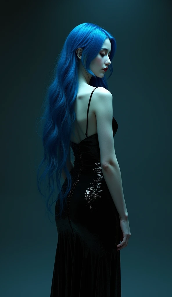 A woman with long evening blue hair , and pale skin in a shiny black dress with her back to the camera  