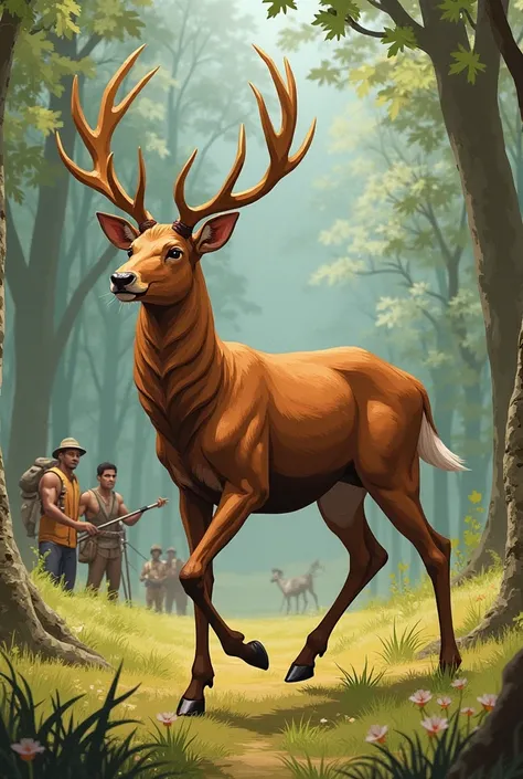 Panel 4: Aling Kayumanggi is now a majestic deer, her coat a rich brown.  She moves gracefully, her legs long and elegant. The hunters are visible in the background, their expressions showing surprise and wonder at the deer's beauty.