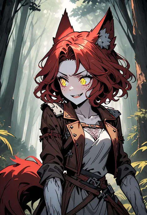  alone, female, close up,  red hair,  short hair,  wavy hair,  yellow eyes,  split pupils,  fair skin ,  toned,  wide shoulder leather jacket,  thin waist, strong, thin, agile, freckles, Wolf tail,  wolf ears,  hairy forearms ,  forest,  anxious smile , , ...