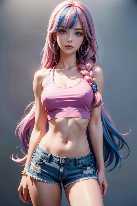 1girl, Solo, High Resolution, Masterpiece, Anatomically Correct, Best Quality, High Details, High Quality, Very Long Hair, Bangs, Multicolored Hair, pink and blue hair, Streaked Hair, Wavy Hair, Large breasts, Heart Earrings, Blush, Blue eyes, Closed Mouth...