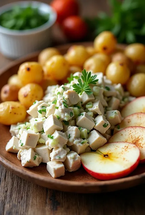  Chicken salad , Potato and apple on wooden plate
