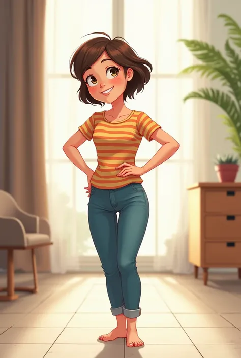  A detailed illustration of a confident  ,  about  ,  full body .  The  has expressive and intelligent eyes ,  with a curious posture and a warm smile .  She has short hair and is dressed in simple and colorful clothes, like a striped shirt and jeans .  Th...