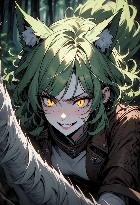  alone, female, close up,  green hair,  short hair,  wavy hair,  yellow eyes,  split pupils,  fair skin ,  toned,  wide shoulder leather jacket,  thin waist, strong, thin, agile, freckles, Wolf tail,  wolf ears,  hairy forearms ,  forest,  anxious smile , ...