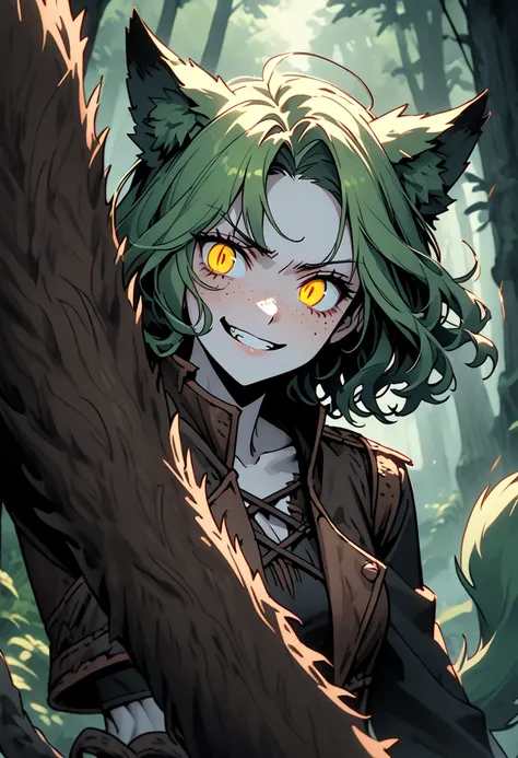  alone, female, close up,  green hair,  short hair,  wavy hair,  yellow eyes,  split pupils,  fair skin ,  toned,  wide shoulder leather jacket,  thin waist, strong, thin, agile, freckles, Wolf tail,  wolf ears,  hairy forearms ,  forest,  anxious smile , ...