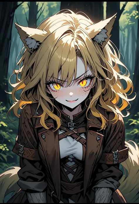  alone, female, close up,  yellow hair,  short hair,  wavy hair,  yellow eyes,  split pupils,  fair skin ,  toned,  wide shoulder leather jacket,  thin waist, strong, thin, agile, freckles, Wolf tail,  wolf ears,  hairy forearms ,  forest,  anxious smile ,...