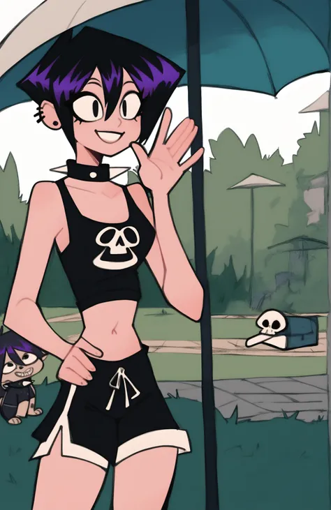 score_9, score_8_up, score_7_up,((best quality)), absurdres, ValbunSDXL,ear piercing,short hair, black hair, black eyes, piercing,purple streaked hair,shorts, black shorts,crop top, midriff, spiked collar,tank top,skull,navel,park, waving, smile, clothes w...