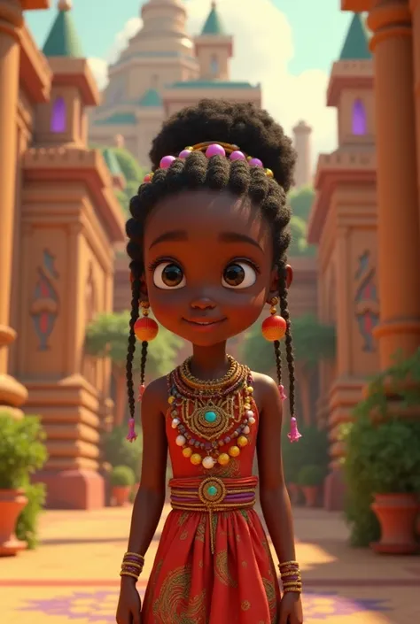 Create a 2 min Pixar animated character of a black young benin princess waiting for her strong benin prince at the palace 