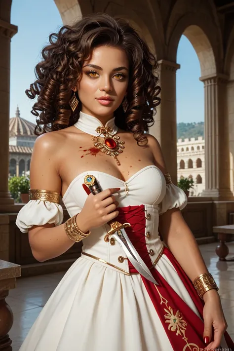  She is a 20-year-old woman  ,  with dark skin ,  long curly hair and golden amber eyes .   She is having a ceremony to awaken her magic inside a coliseum  , made of heavenly rock  , with rows of bleachers,   dressed entirely in white, without wearing any ...