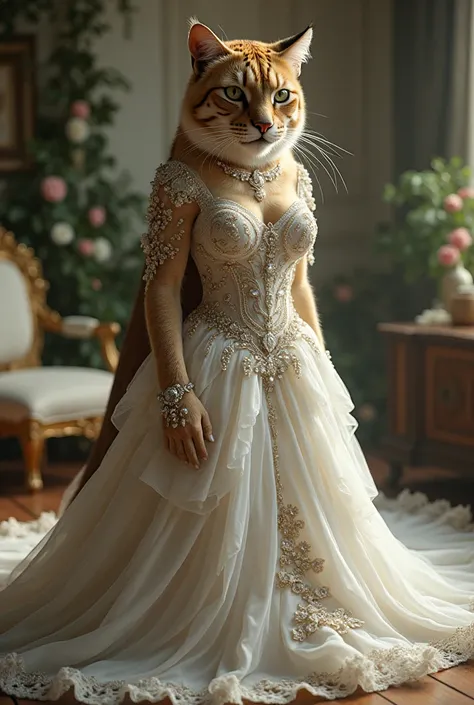 A beautiful big cat wearing a beautiful elegant dress we are preparing for her wedding