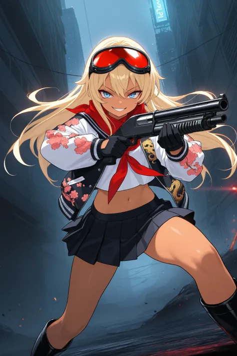 score_9, score_8_up, score_7_up, score_6_up, score_5_up, score_4_up,anime artwork masterpiece,best quality, unreal engine, ultra res, extremely detailed, One Girl,blonde hair,long hair,blue eyes,tan skin,biker goggles on head,black sailor suit,Red sailor s...