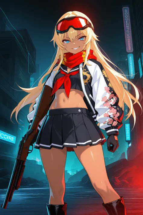 score_9, score_8_up, score_7_up, score_6_up, score_5_up, score_4_up,anime artwork masterpiece,best quality, unreal engine, ultra res, extremely detailed, One Girl,blonde hair,long hair,blue eyes,tan skin,biker goggles on head,black sailor suit,Red sailor s...