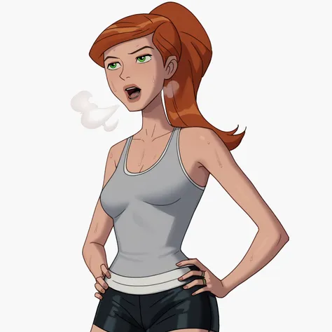 masterpiece,best quality,gwen_af,1girl,solo, red hair, ponytail, green eyes, lipstick, grey tanktop and black biker shorts, medium breast,white background,simple background,half body,, hands on hips, out of breath, sweaty, open mouth 