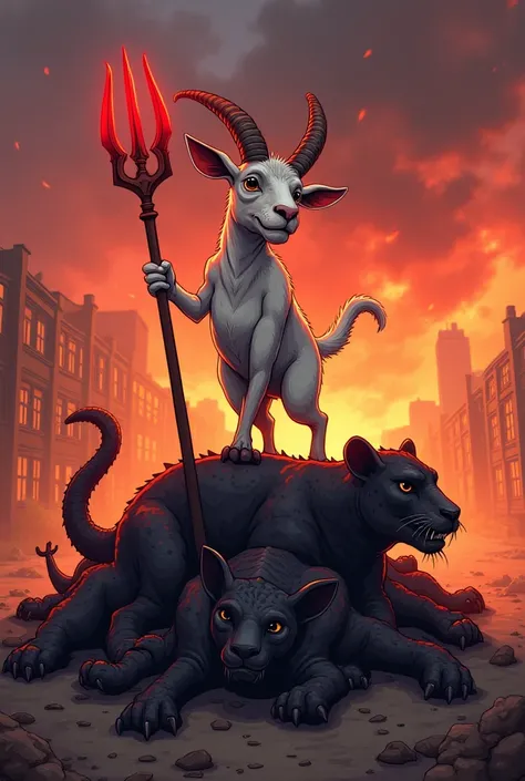  cartoon, a goat in a standing position, Where are you holding a red trident,  he is on top of a pile of defeated animals, In which they are a dragon , An octopus and a black panther, These animals are highlighted and separated, In the background of the im...