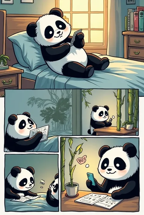 Make me a comic

Panda 1:

The panda is lying on his bed,  with his cell phone in his hand , watching videos and eating Bamboo.
panda: “I'm so lazy to study! I better watch another video…”

Panda 2:

 The clock strikes midnight . The panda yawns.
panda: “T...