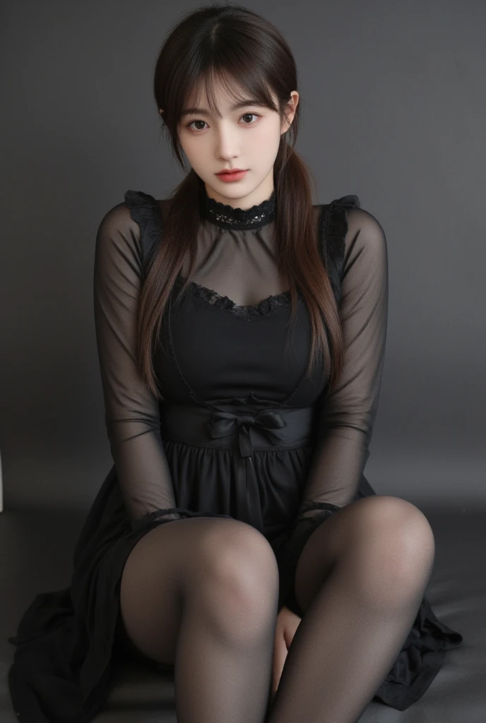 photorealistic, The scene is NSFW, featuring elements like a footjob and sexual content, Show the pussy, a full-body scene of a young Japanese woman in a gothic lolita dress, She should be adorned in thick, opaque pantyhose where her panties can be subtly ...