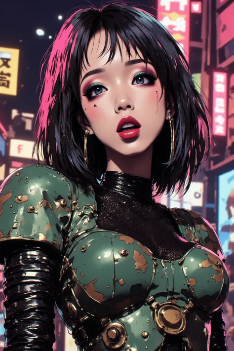 80’s glam rock makeup on shiny face, asian girl, anime, 2.5D, moody lighting, (green, pink, gold), pretty, sexy, minimal, sleek, slender, asian, elegant, futuristic, retro, sophisticated half human half machine, mouth open wide, Kizi，(eyes looking off to s...