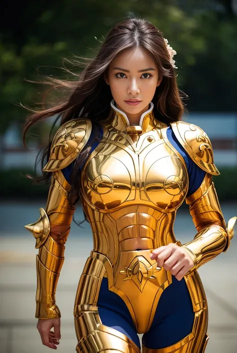 Full and beautiful woman in golden armor, real face of Japanese woman, beautiful, attractive body, in the bright light of the movie, the beautiful armor stands out. The armor shines brilliantly with a realistic and surreal level of detail, highlighting eve...